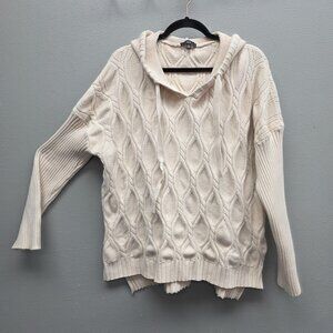Fate Sweater Womens 2XL White Hooded Cable Knit V Neck Plus Size Pullover Cozy